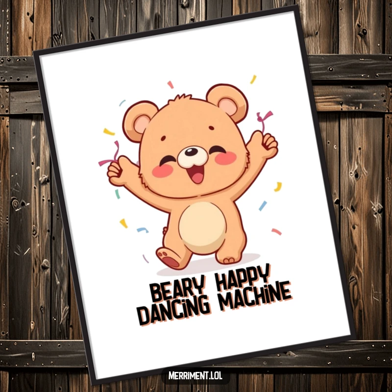 Funny Free Printable Wall Art: A giggling bear cub wearing festive streamers and dancing wildly with abandon