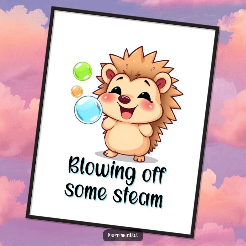Whimsical free printable wall art of a smiling hedgehog blowing a cascade of colorful, shimmering bubbles.