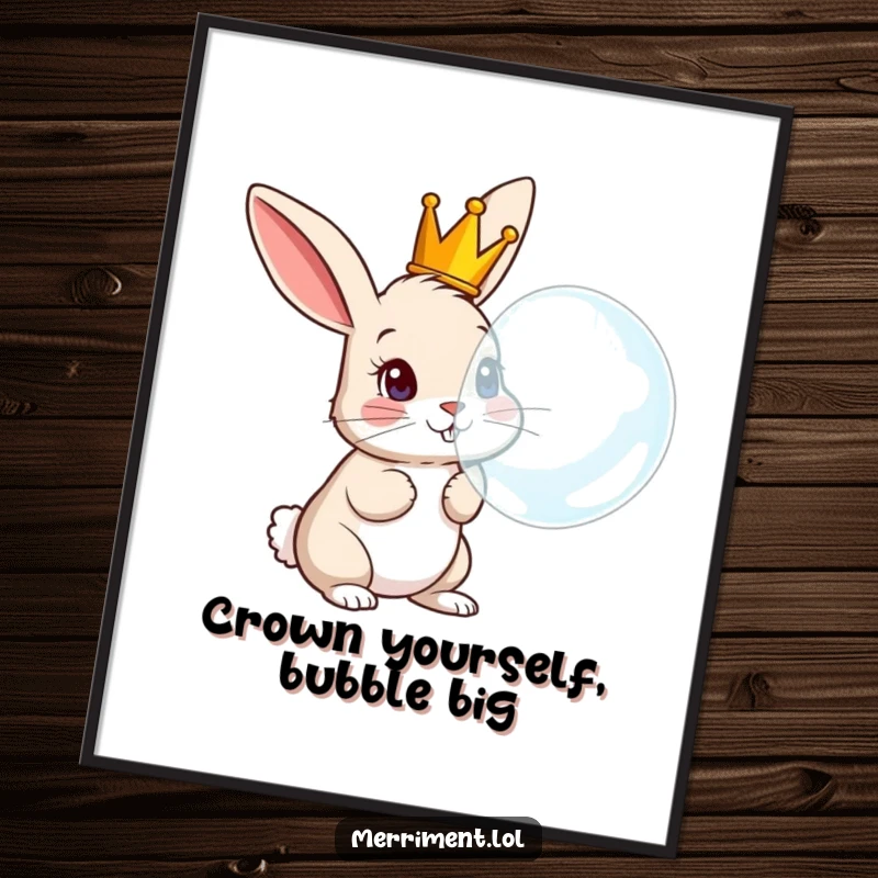 Free Printable Wall Art: Adorable rabbit wearing a tiny crown blows an enormous bubble, bringing smiles.