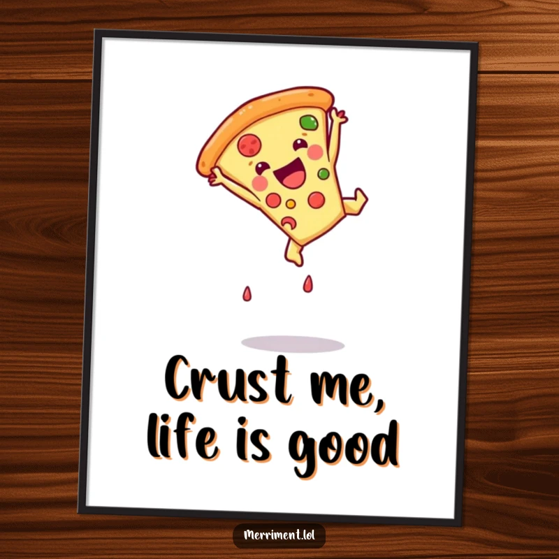 Funny Free Printable Wall Art: A dynamic pizza slice performing a cheerful somersault, unique downloadable decor for your space.