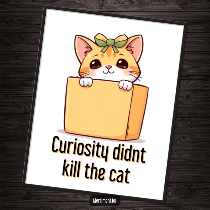 Funny Free Printable Wall Art: A curious cat peeking behind a large gift box, adding a touch of playful mystery.