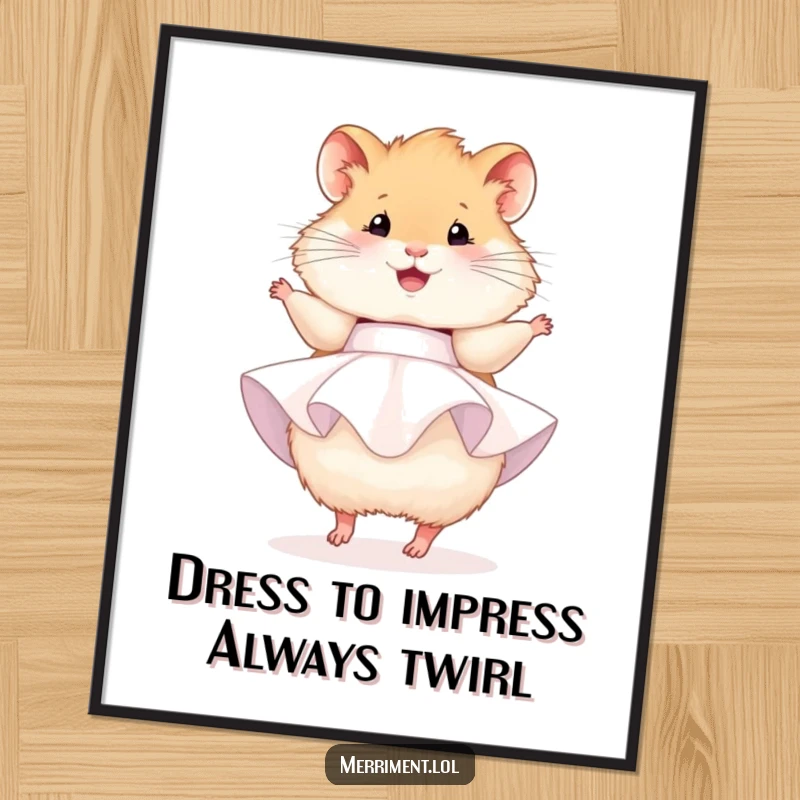 Funny Free Printable Wall Art: A fluffy hamster in a tiny party dress twirls joyfully, adding cheer to any space.