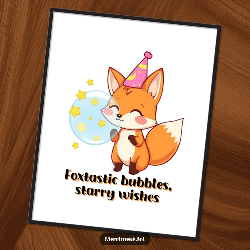 Funny Free Printable Wall Art: A fox in a party hat blowing a giant bubble that bursts into colorful stars