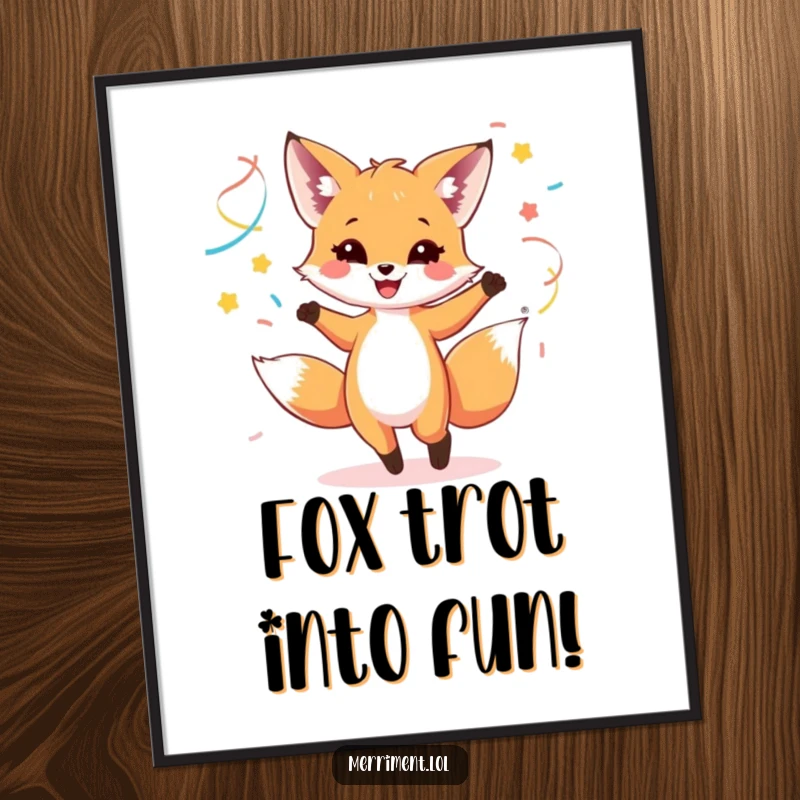 Funny free printable wall art of a happy fox cub dancing energetically, adorned with flowing, colorful streamers in a festive display.