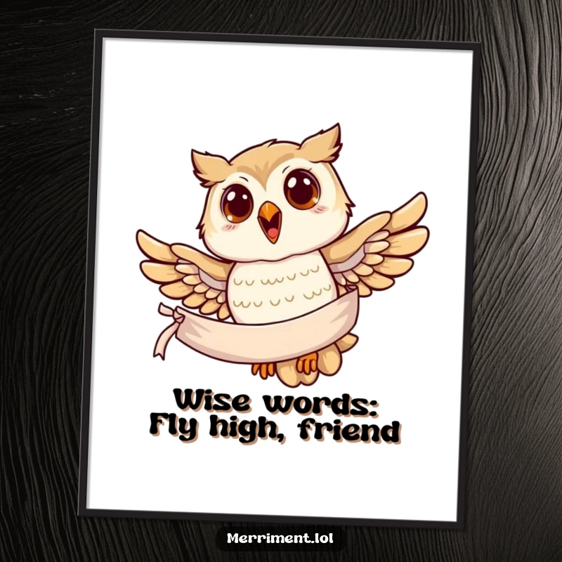 Funny Free Printable Wall Art: A joyful owl soars majestically with a banner, embodying wisdom and flight.