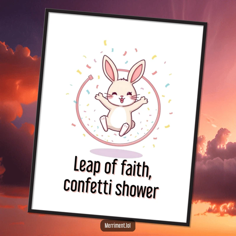 Funny Free Printable Wall Art: A happy rabbit captured mid-leap through a hoop, with confetti cascading, bringing festive energy indoors.