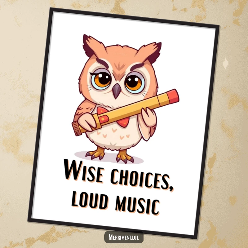 Funny Free Printable Wall Art: A determined owl wearing a silly bowtie, comically playing a giant kazoo, adds musical whimsy to decor.