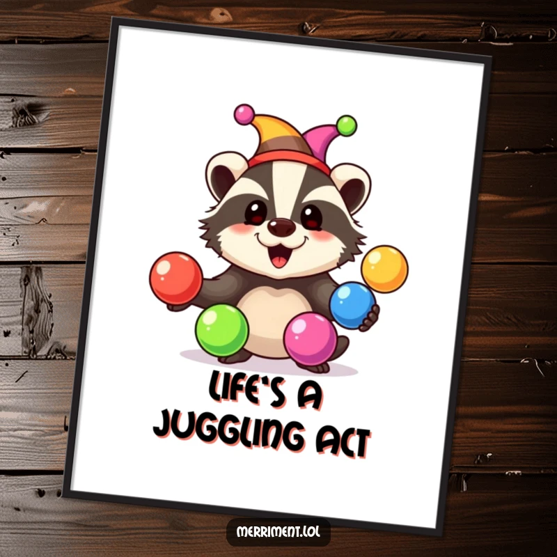 Funny Free Printable Wall Art: Jester badger juggling rainbow balls, a vibrant piece full of playful energy.