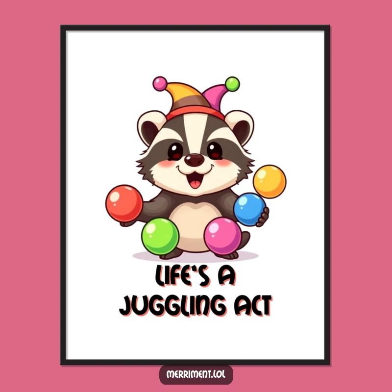 Free Printable Wall Art: Humorous Jester Badger Juggling for Quirky Downloadable Decor