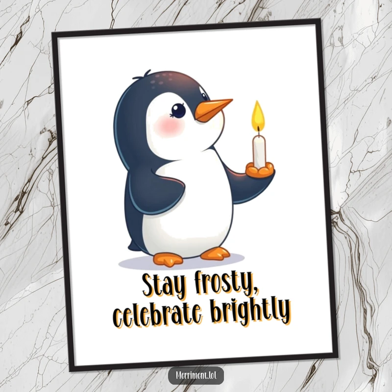 Funny Free Printable Wall Art: Curious penguin character balancing a tiny, lit candle on its beak, creating a cozy scene.