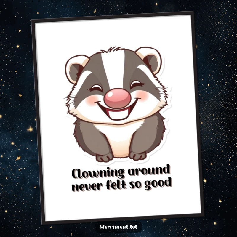 Funny Free Printable Wall Art: Grinning badger wearing a clown nose and making a silly face, downloadable art.
