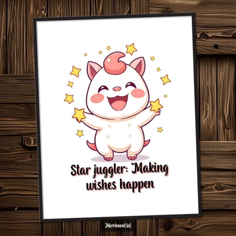 Funny Free Printable Wall Art: Joyful creature juggling sparkling stars with a wide grin, adding sparkle.