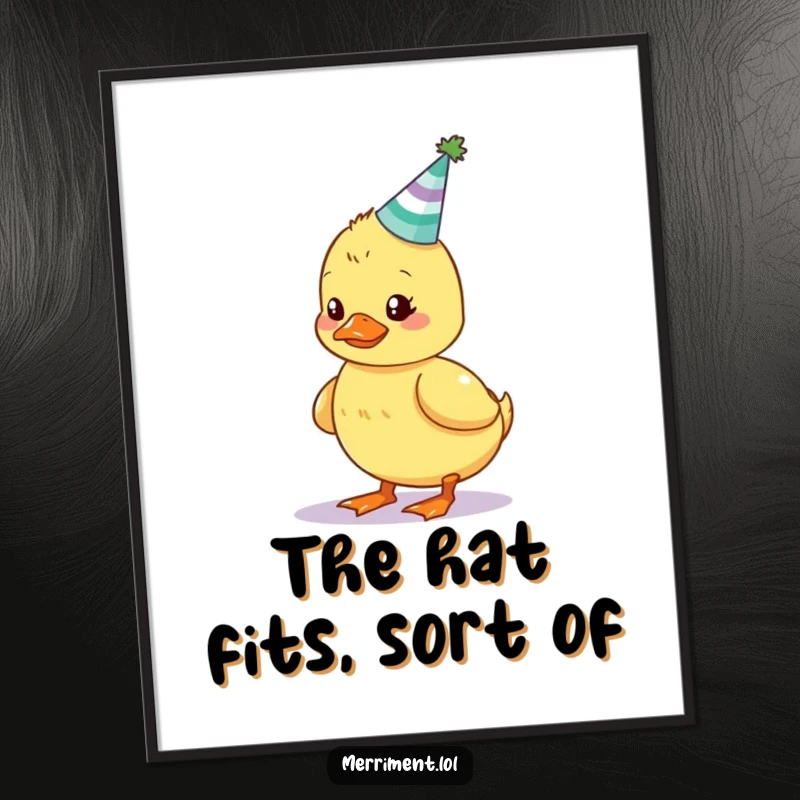 Funny free printable wall art of a wobbly duckling precariously balancing a tiny, glowing party hat on its head.