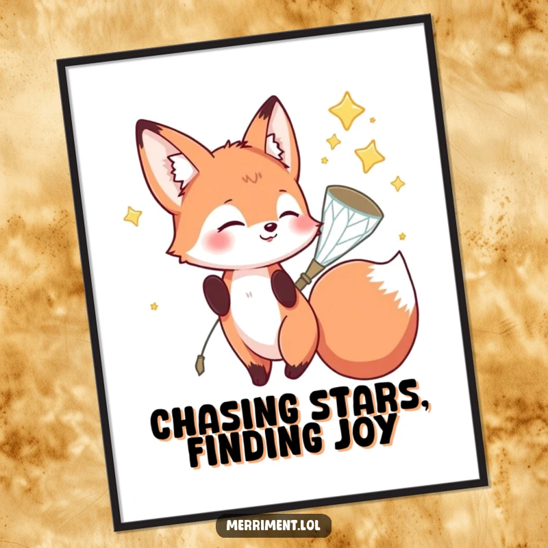 Funny free printable wall art depicting a playful fox happily catching falling stars in a sparkly net.