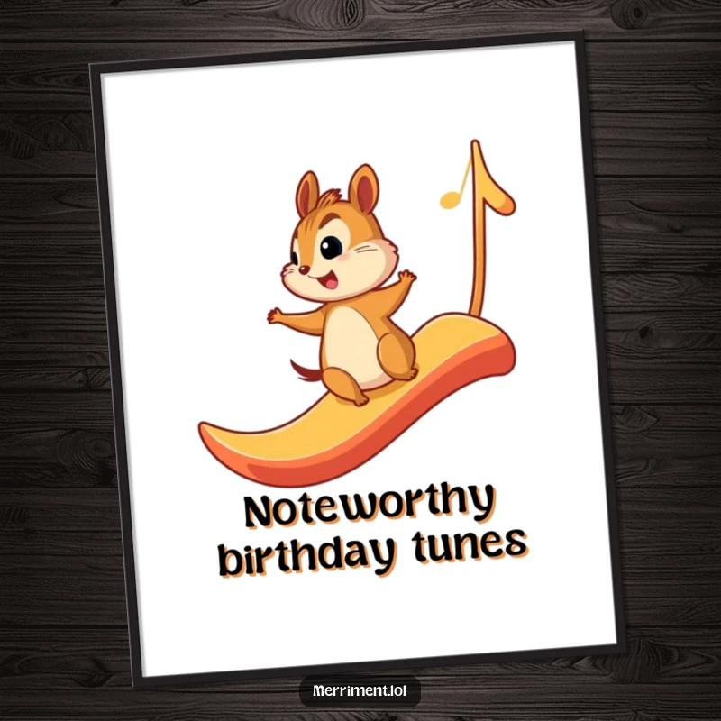 Funny Free Printable Wall Art: A chipmunk joyfully rides a giant musical note like a slide, radiating pure happiness.
