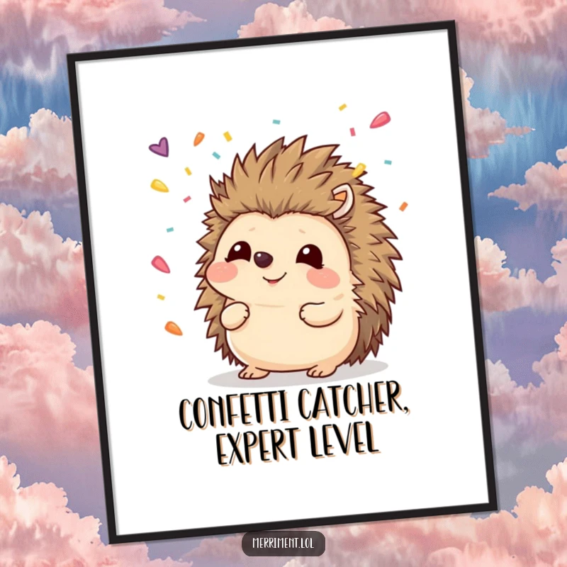 Funny Free Printable Wall Art: Adorable hedgehog comically trying to catch falling confetti with its nose, a whimsical illustration.