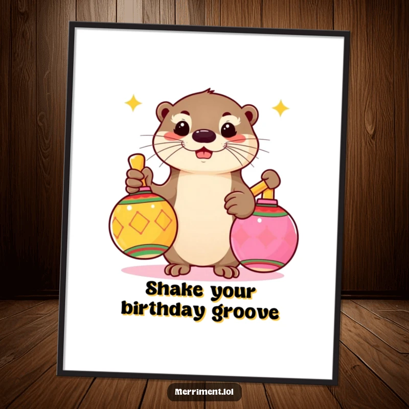 Funny Free Printable Wall Art: A playful otter energetically shakes giant colorful maracas, creating a festive and joyful atmosphere.