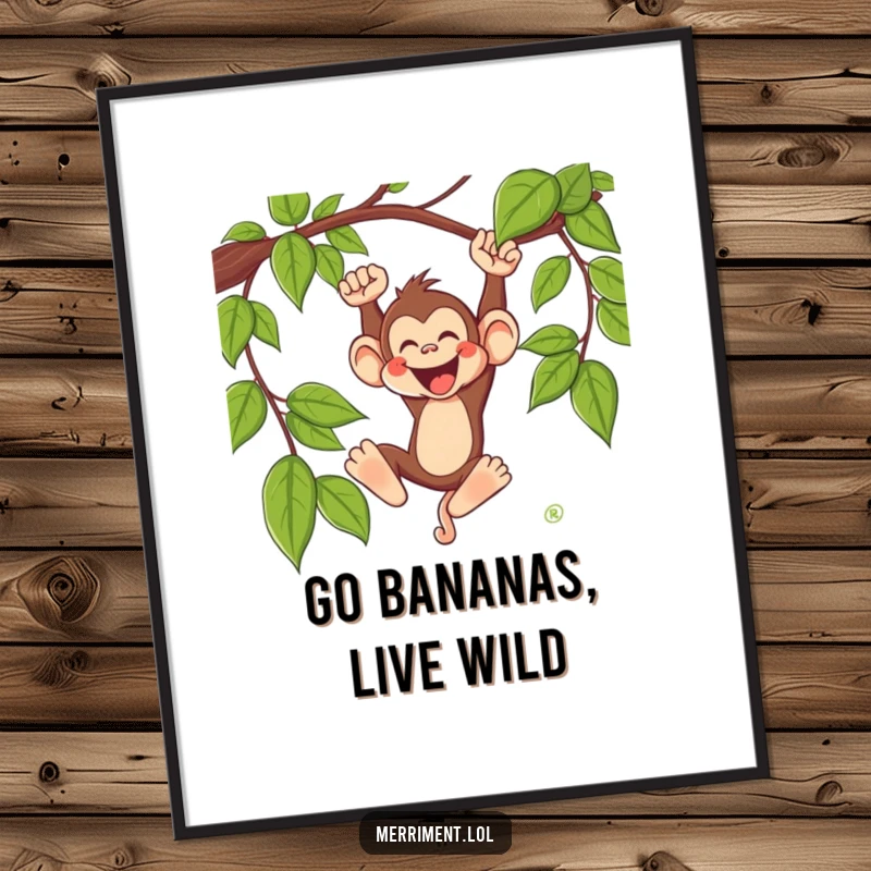 Funny free printable wall art depicting a silly monkey swinging wildly from a jungle vine with joy.