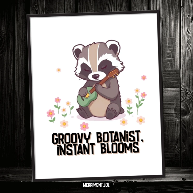 Funny Free Printable Wall Art: Determined badger tapping a musical rhythm, causing vibrant flowers to instantly bloom, a lively scene.