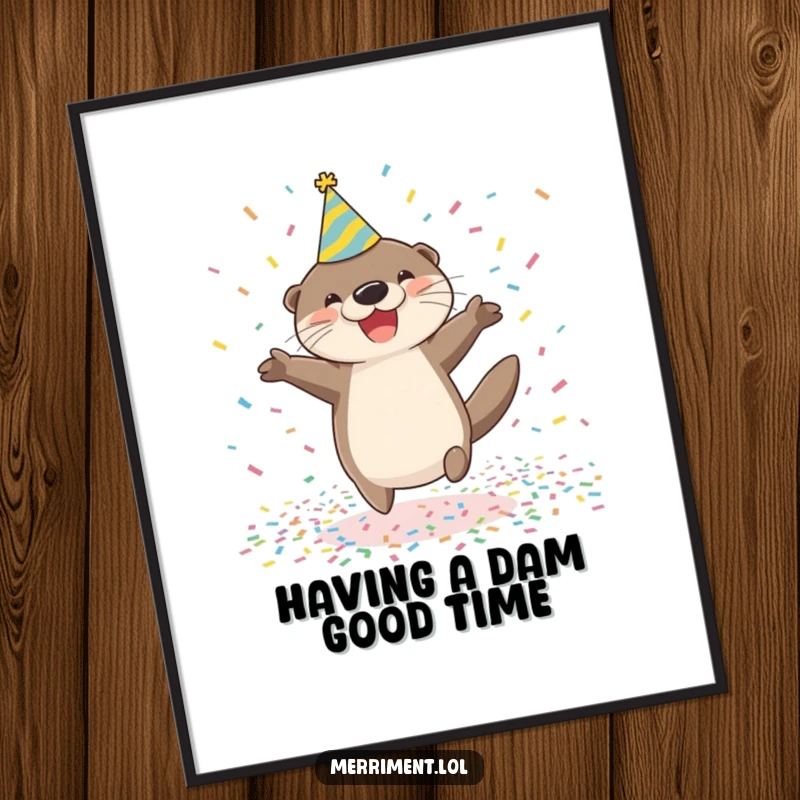Funny Free Printable Wall Art: A jubilant otter sporting a party hat joyfully jumps amidst a vibrant cascade of confetti.