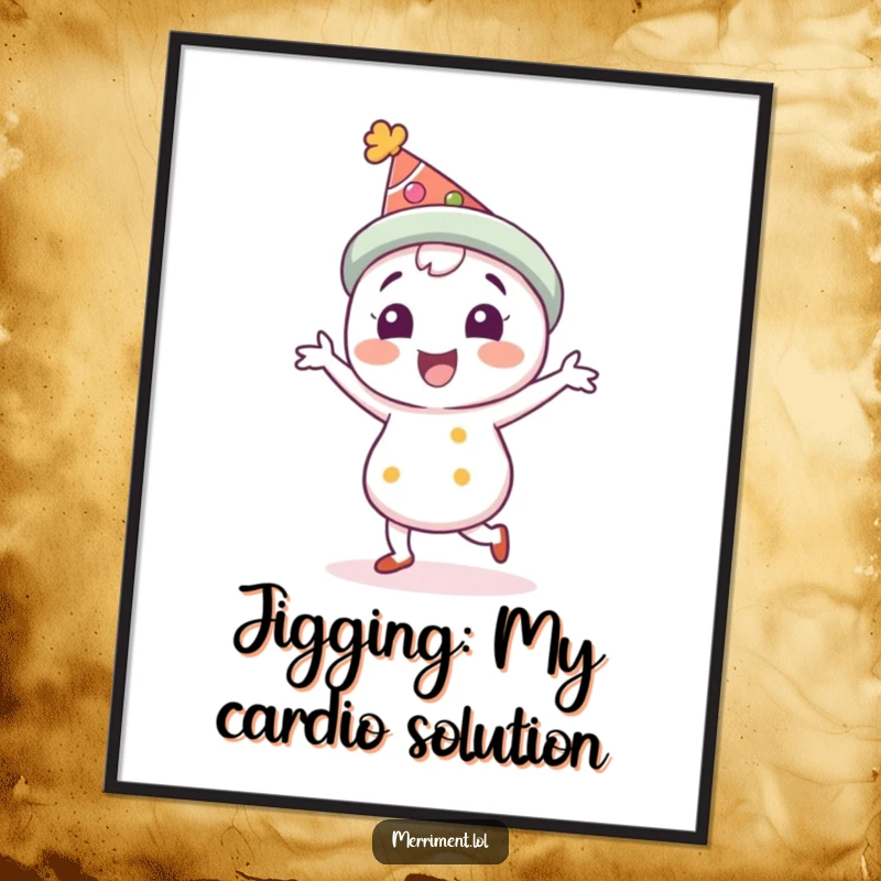 Funny Free Printable Wall Art: Delighted character in festive hat doing a joyful jig, bringing smiles.