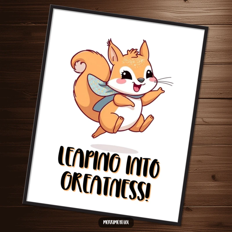 Funny free printable wall art depicting a playful squirrel in a sparkly cape, captured mid-leap with incredible joy and superhero vibes.