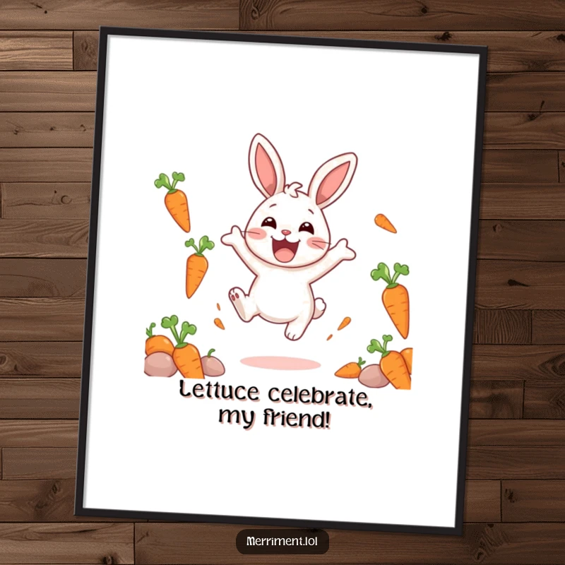 Funny Free Printable Wall Art: A delighted rabbit bounces energetically, surrounded by a whimsical scattering of floating carrots.