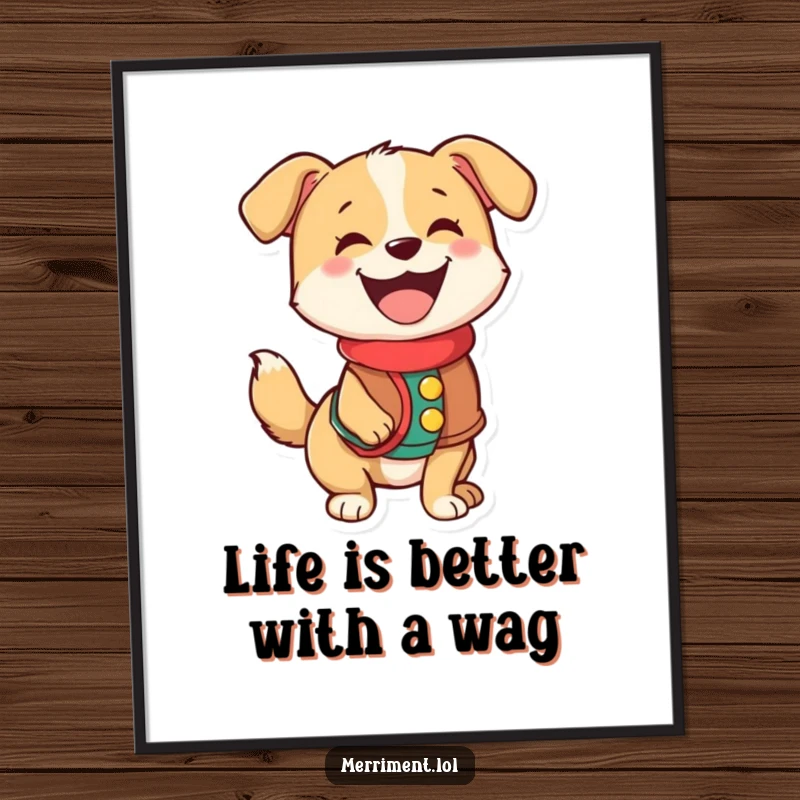 Funny Free Printable Wall Art: A happy dog in a festive vest, wagging its tail with pure joy, unique decor.