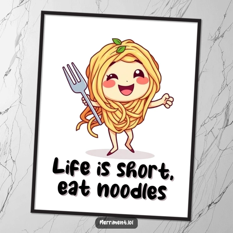 Funny Free Printable Wall Art: A spaghetti character performs an elegant tango with a fork, creating a whimsical and artistic dining-inspired scene.