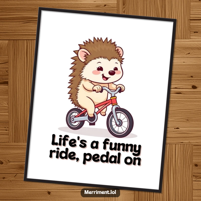 Funny Free Printable Wall Art: Hedgehog wobbling precariously on a tiny unicycle, whimsical downloadable art.