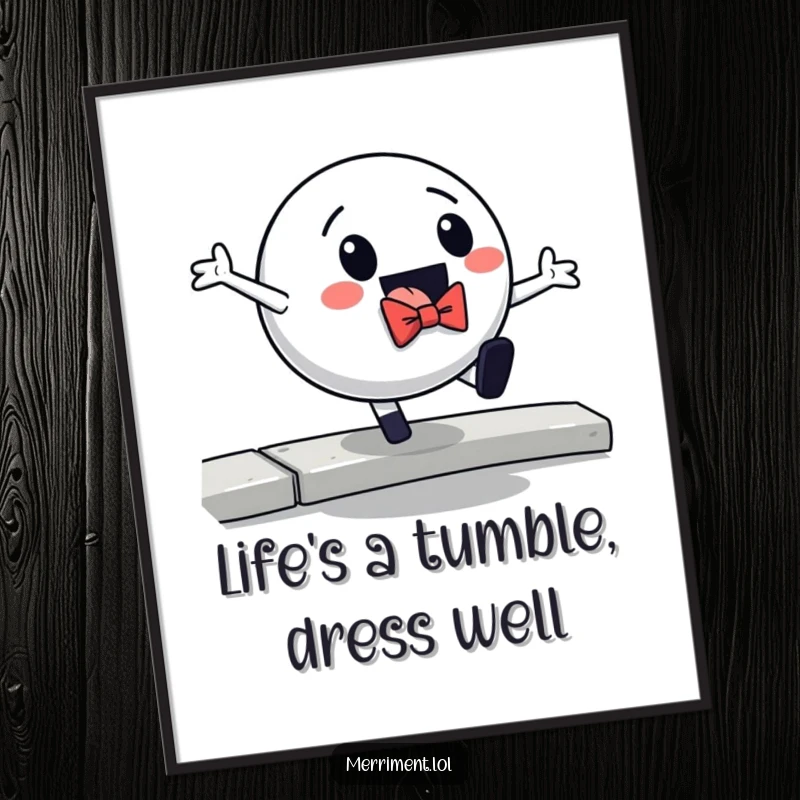 Funny Free Printable Wall Art: A bouncing ball character wearing a bowtie dramatically falls off a curb, capturing a moment of hilarious chaos.