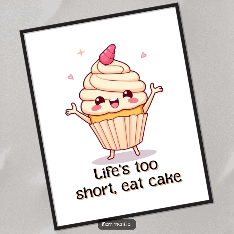 Funny Free Printable Wall Art: A giddy cupcake character is captured mid-celebratory jig, with frosting flying dynamically, adding a playful touch.