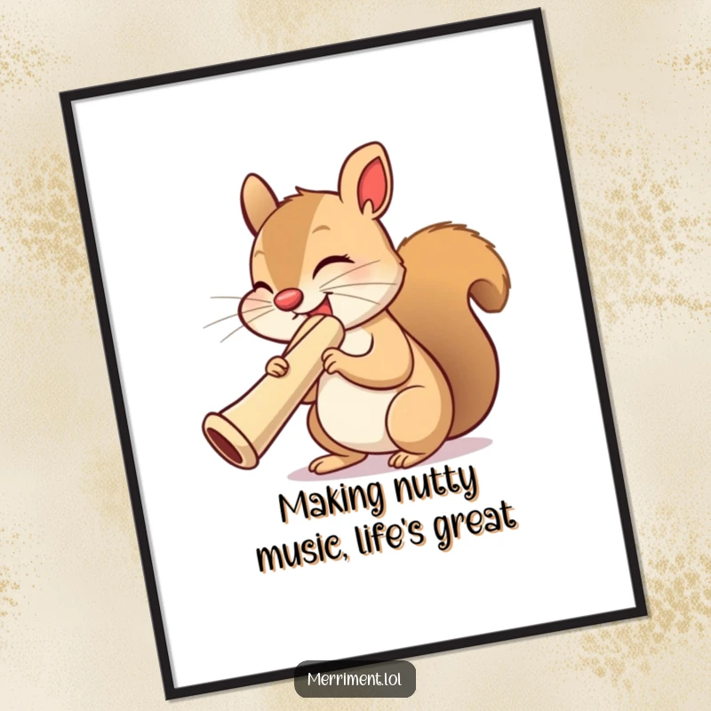 Funny Free Printable Wall Art: A squirrel with closed eyes joyfully plays an oversized kazoo, creating vibrant, humorous decor.