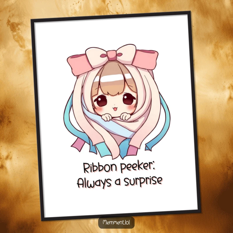 Funny Free Printable Wall Art: Playful character peeking from behind a cascade of ribbons, whimsical design.