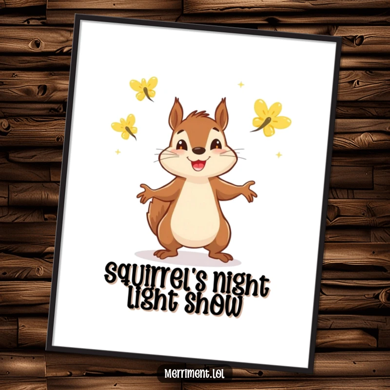Funny Free Printable Wall Art: A cheerful squirrel juggling three bright, sparkling fireflies with great enthusiasm