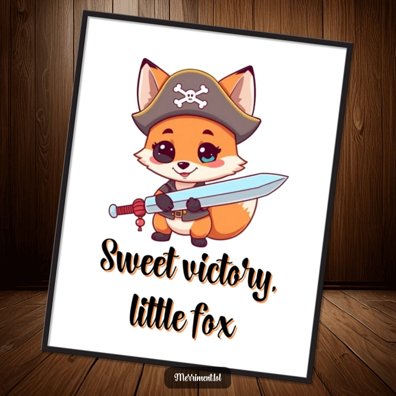 Funny Free Printable Wall Art: A curious fox in a pirate hat brandishes an oversized lollipop sword, ready for a sweet adventure.