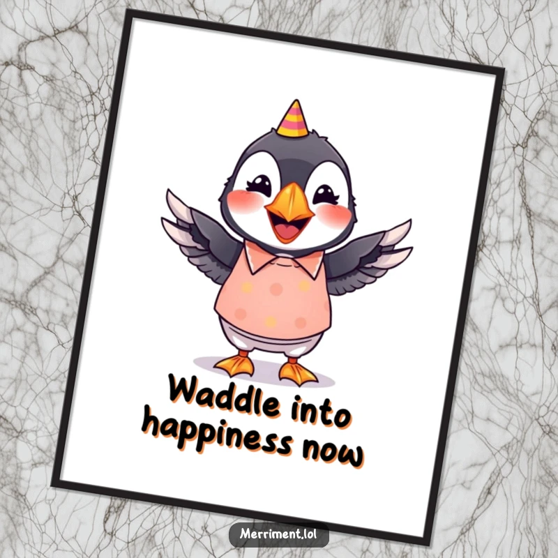 Funny Free Printable Wall Art: A grinning puffin wearing a bright party shirt, wiggling its wings, unique decor.