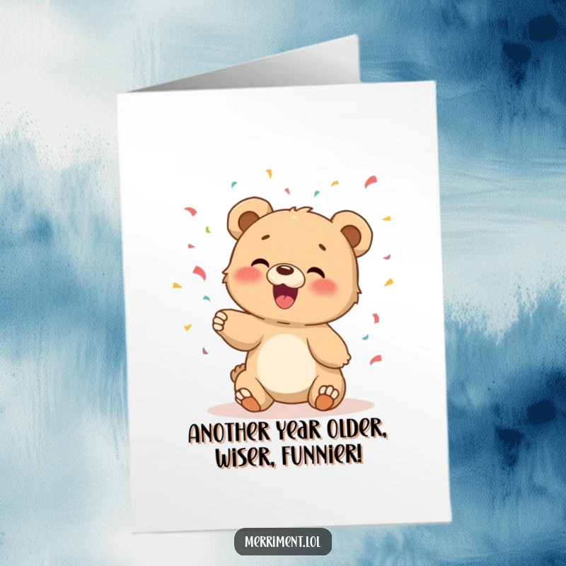 Funny free printable birthday card of a giggling bear cub joyfully tossing a shower of colorful confetti, spreading pure happiness.