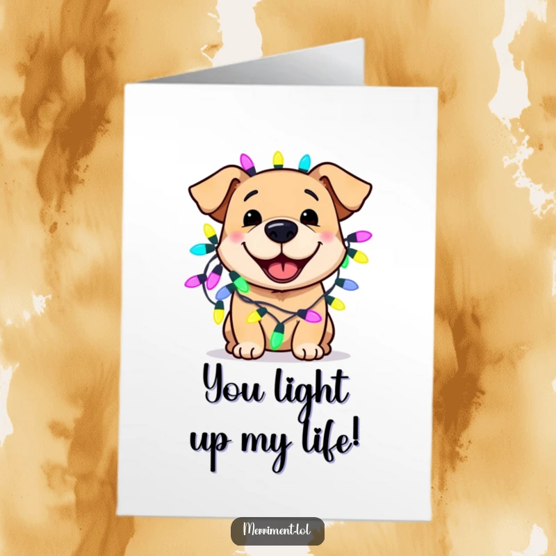 Funny free printable birthday card featuring a smiling dog adorned with a string of colorful, oversized fairy lights.