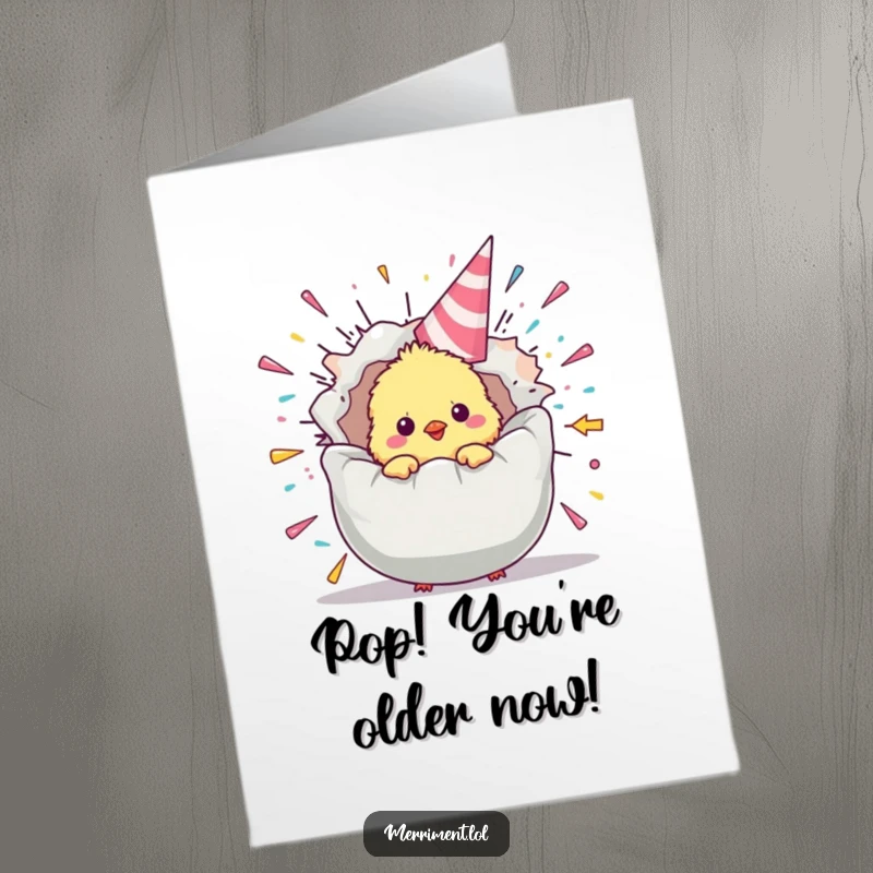 Funny Free Printable Birthday Card: Fluffy chick peeking out from a giant, exploding party popper, a delightful surprise.
