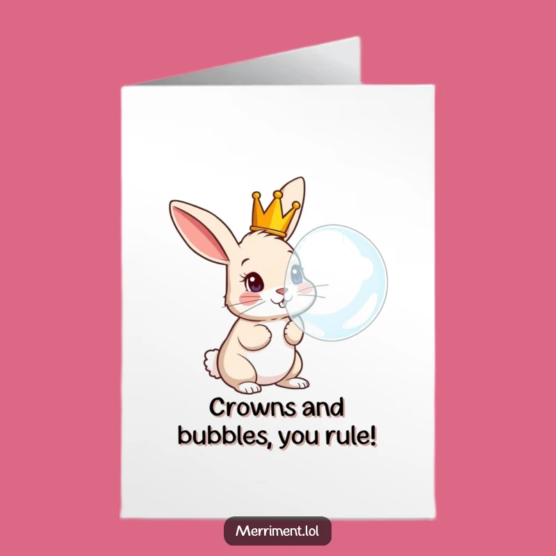 Free Printable Birthday Card: Curious Crown Rabbit & Giant Bubble Funny Downloadable Gift