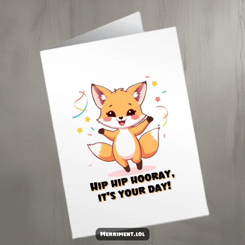 Funny free printable birthday card of a happy fox cub enthusiastically dancing amidst a swirl of colorful streamers, full of joy.