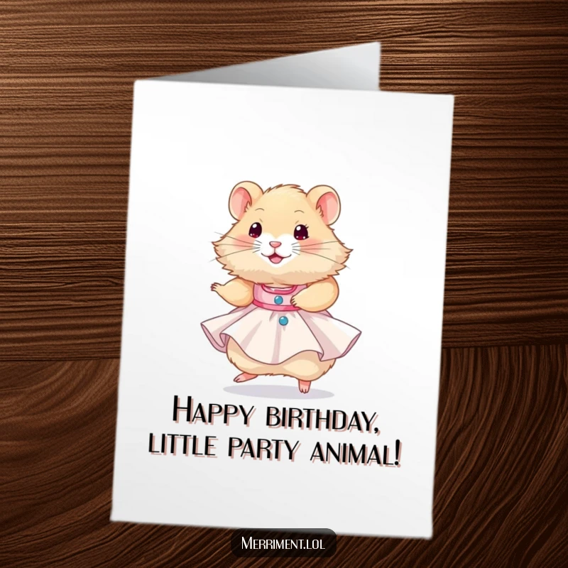 Funny Free Printable Birthday Card: Fluffy hamster in a tiny party dress twirling happily. Downloadable DIY gift.