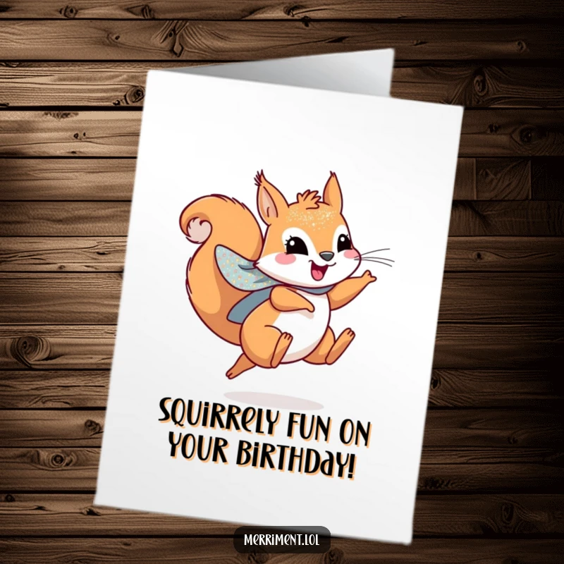 Funny free printable birthday card of a playful squirrel in a sparkly cape, leaping with pure joy and heroic enthusiasm.