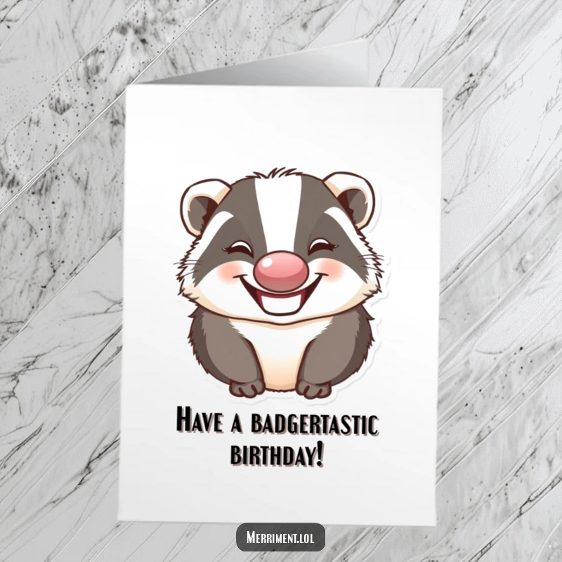 Funny Free Printable Birthday Card: Grinning badger with clown nose making a silly face, perfect for laughs.