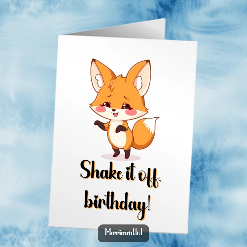 Funny Free Printable Birthday Card: A smiling fox performs a silly dance, its two giant floppy ears swinging wildly.