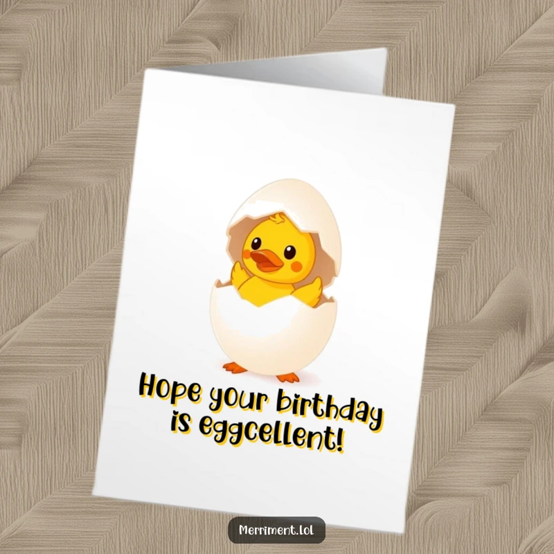 Funny Free Printable Birthday Card: A shocked egg cracks open to reveal a tiny rubber duck, bringing unexpected birthday humor.