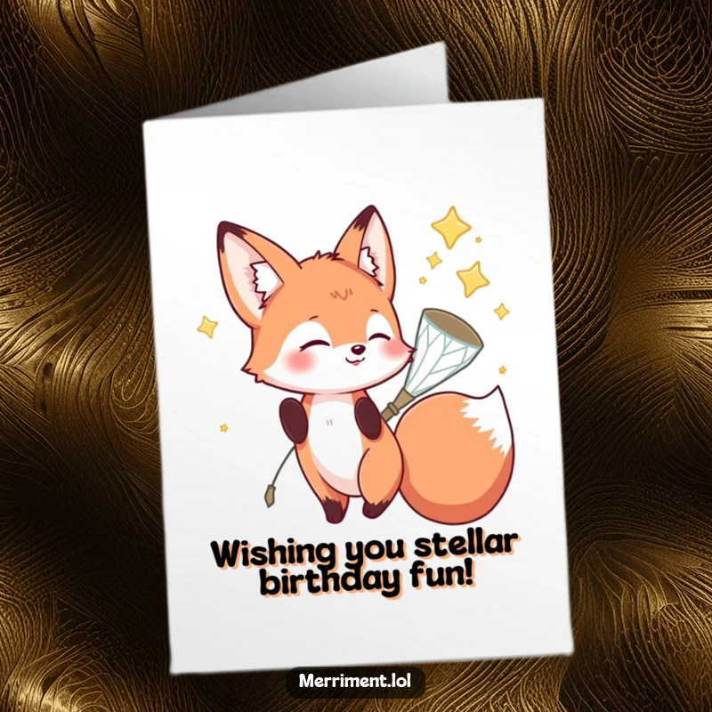 Funny free printable birthday card: A playful fox gracefully catches falling stars in a sparkly net.
