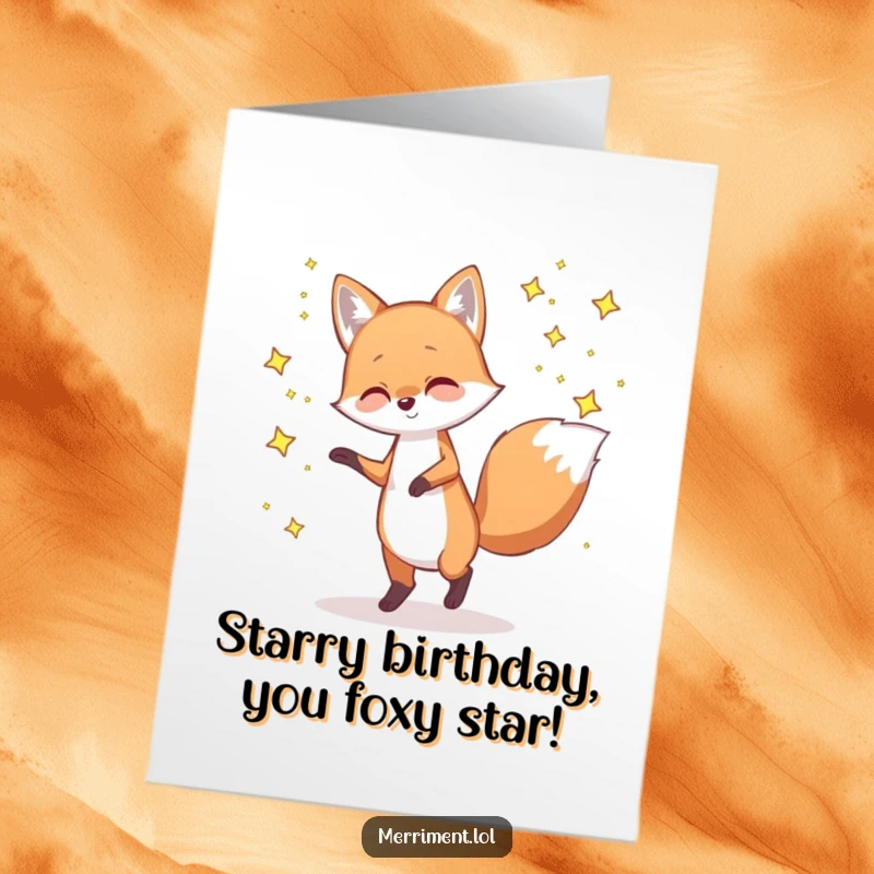 Funny Free Printable Birthday Card: A playful fox dances merrily with a group of tiny, bright, twinkling stars.