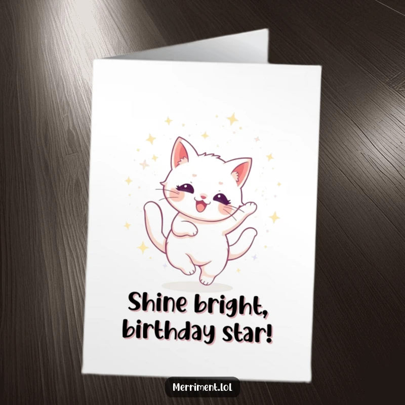 Funny free printable birthday card featuring a radiant cat twirling gracefully amidst a shower of shimmering glitter.